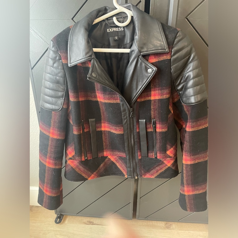 Express plaid wool style biker jacket